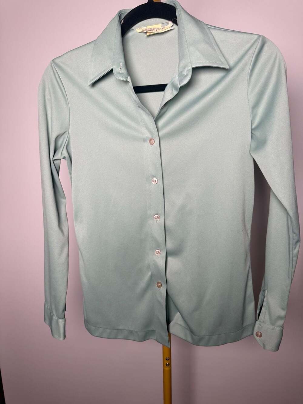 Vintage Sears 100% Polyester Light Green Button Down Collared Long Sleeve Blouse